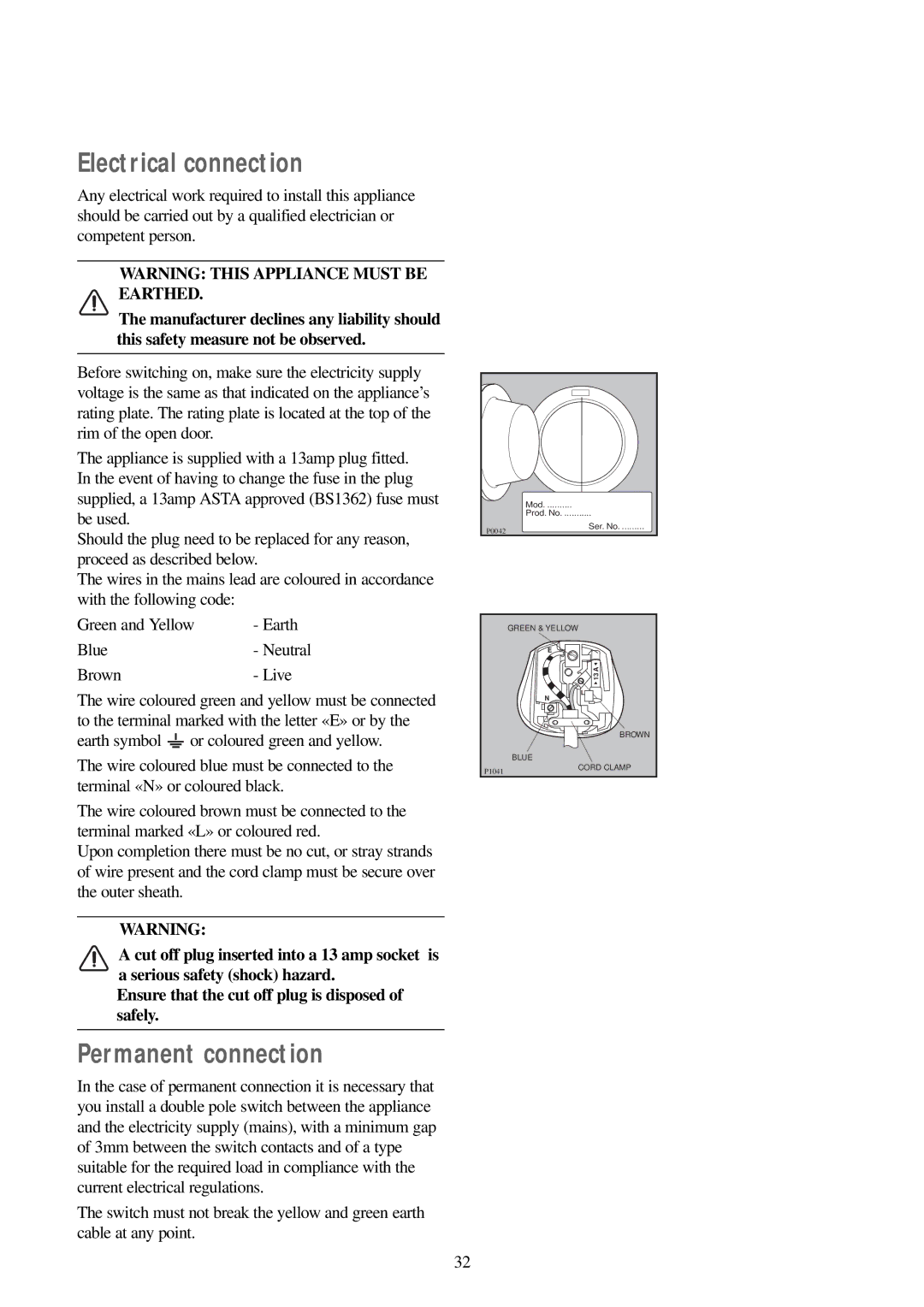 Zanussi WD 15 manual Electrical connection, Permanent connection, Blue- Neutral Brown- Live 