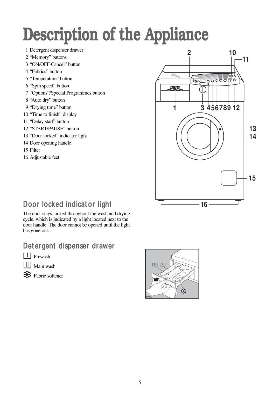 Zanussi WD 15 manual Description of the Appliance, Door locked indicator light, Detergent dispenser drawer 