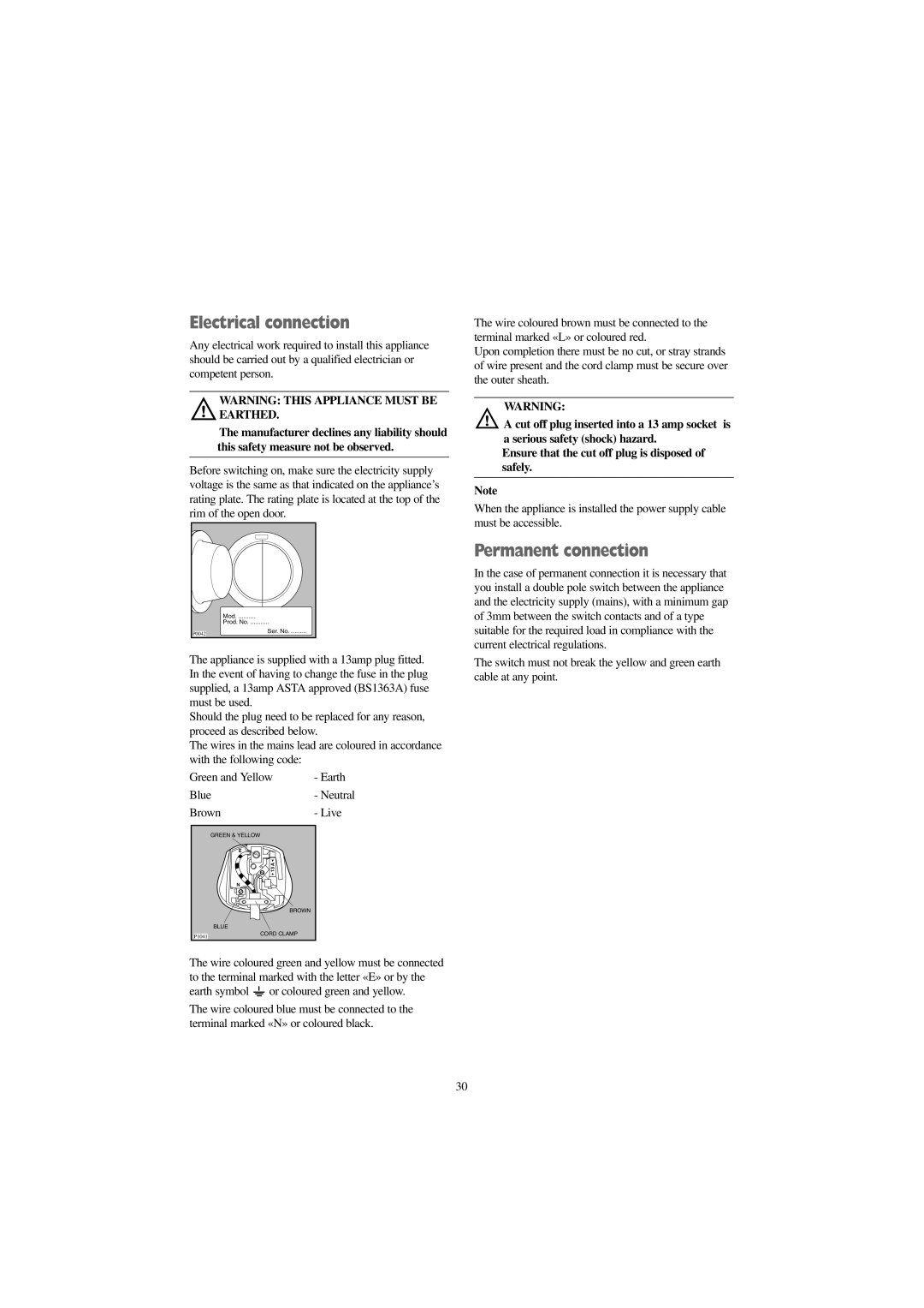 Zanussi WDA 1055 W, WDA 1255 W manual Electrical connection, Permanent connection 