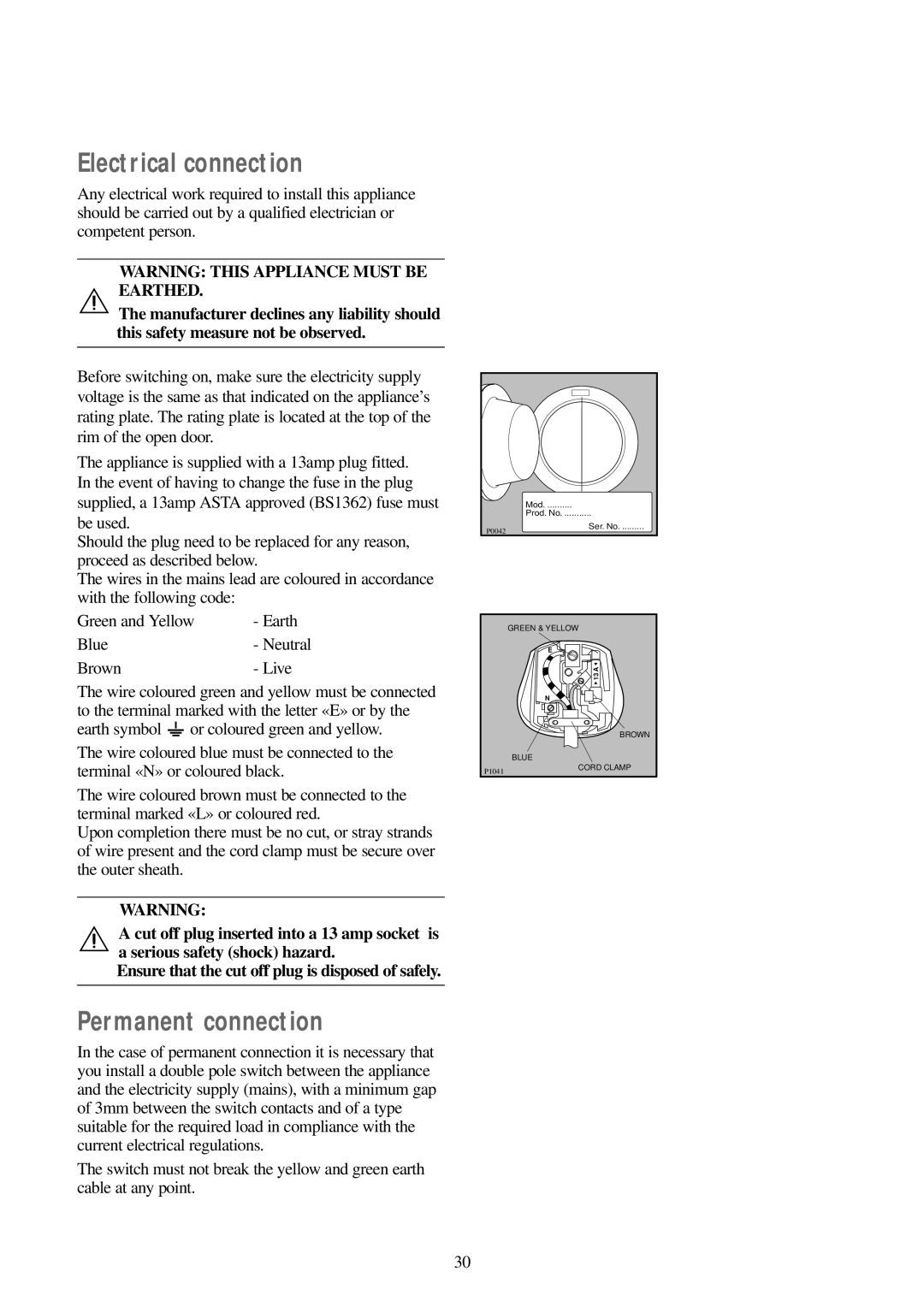 Zanussi WDS 1183 W manual Electrical connection, Permanent connection, Blue- Neutral Brown- Live 