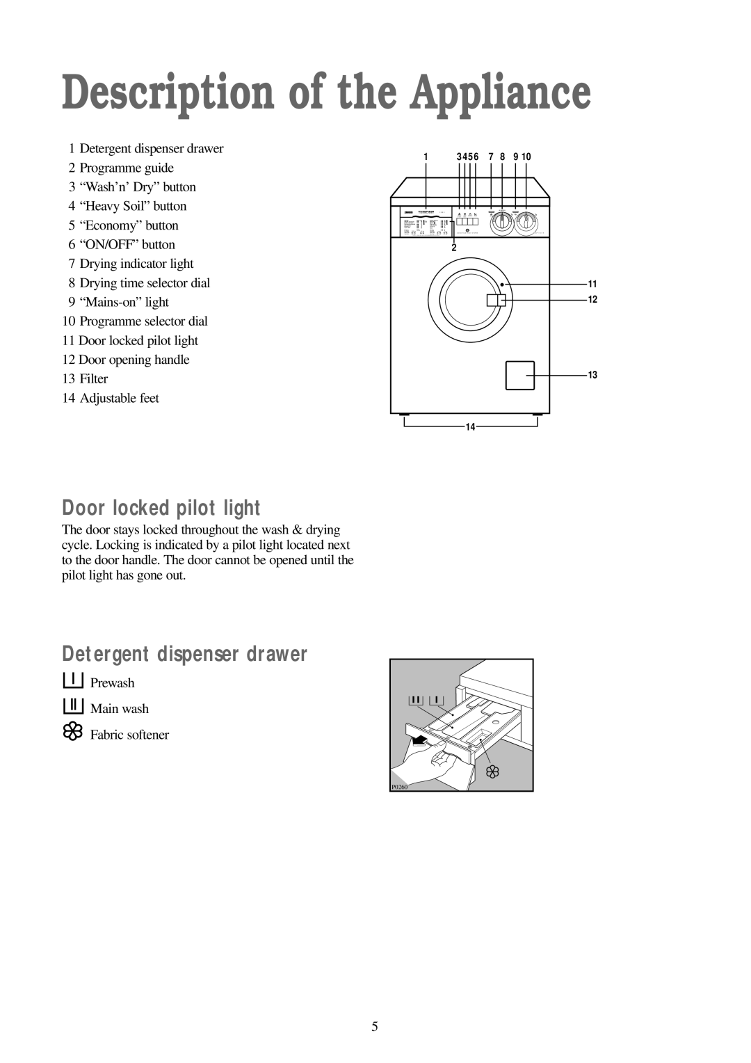 Zanussi WDS 1183 W manual Description of the Appliance, Door locked pilot light, Detergent dispenser drawer 