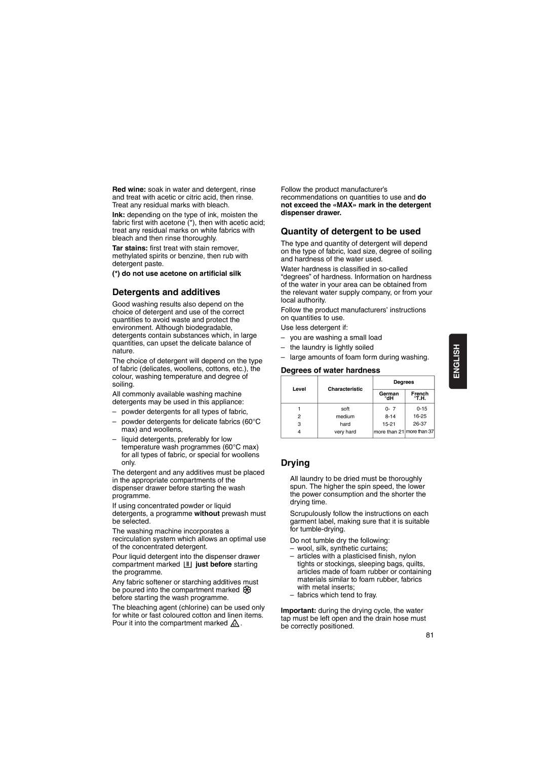 Zanussi WIJ1075 manual Detergents and additives, Quantity of detergent to be used, Drying, Degrees of water hardness 