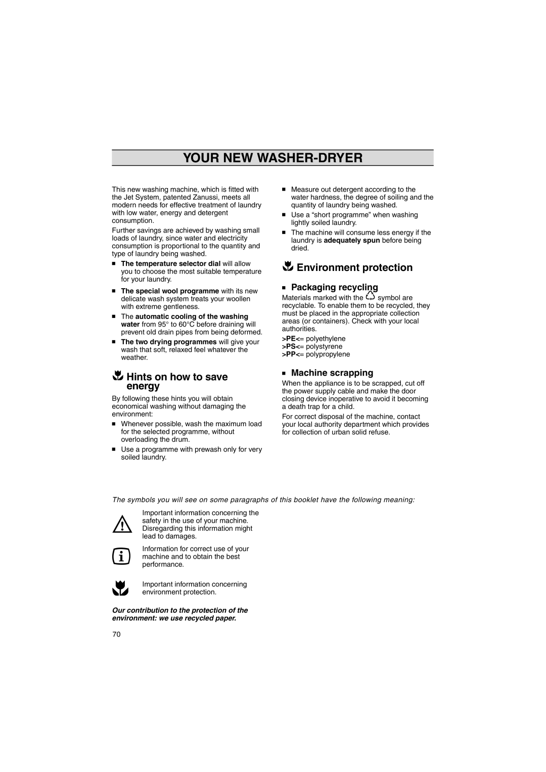 Zanussi WIJ1075 manual Your NEW WASHER-DRYER, Environment protection, Hints on how to save energy, Packaging recycling 