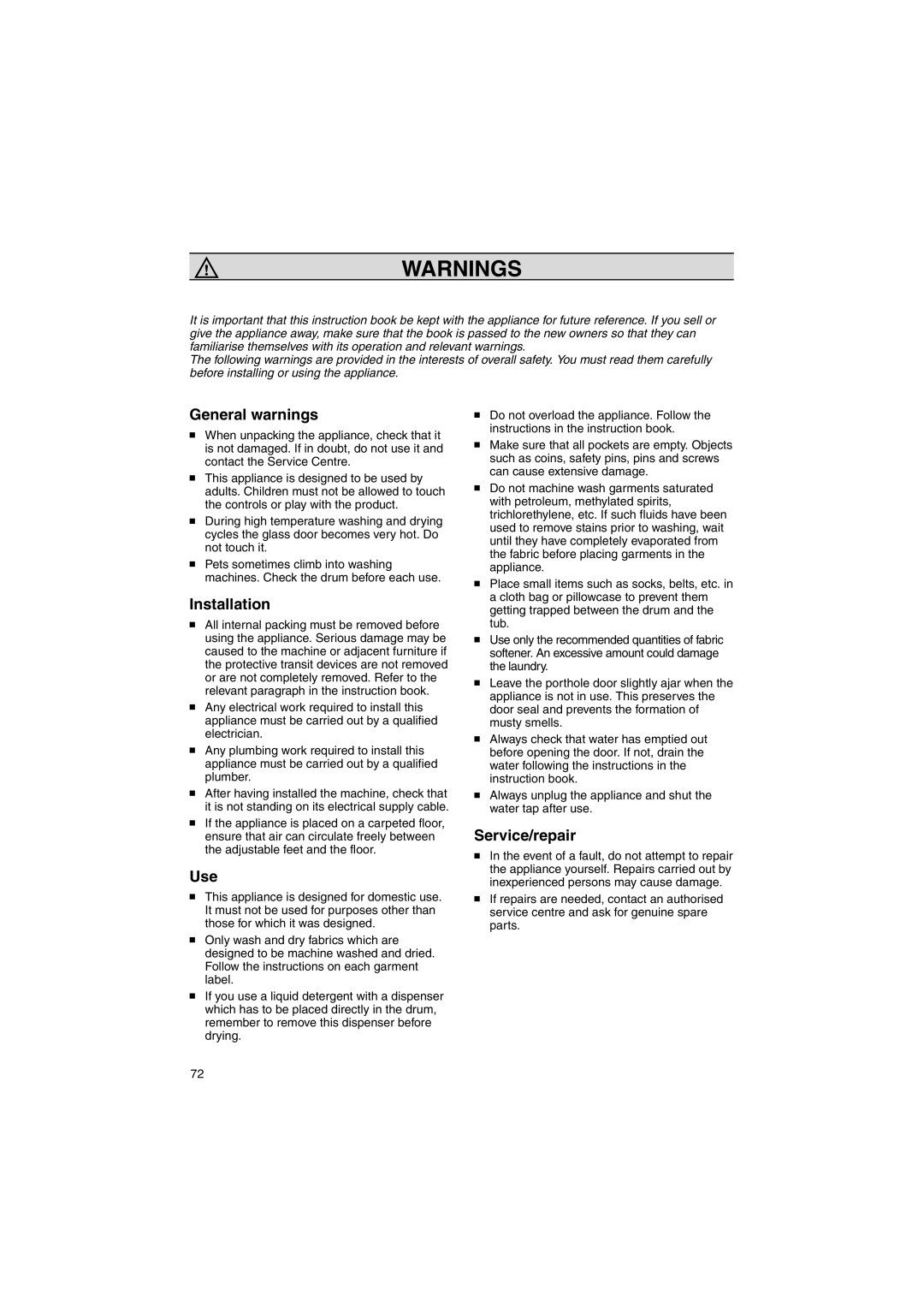 Zanussi WIJ1075 manual General warnings, Service/repair 