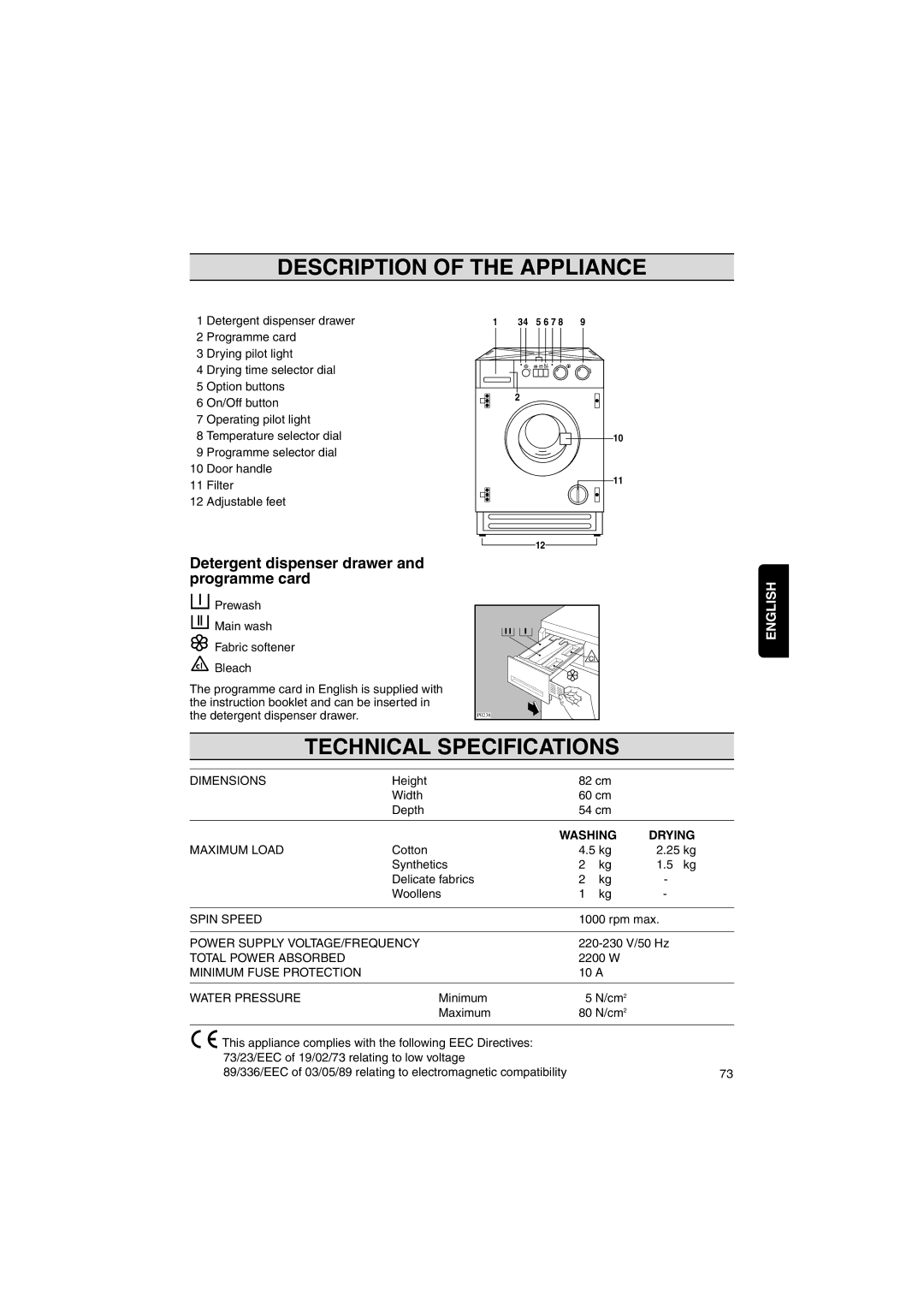 Zanussi WIJ1075 Description of the Appliance, Technical Specifications, Detergent dispenser drawer and programme card 