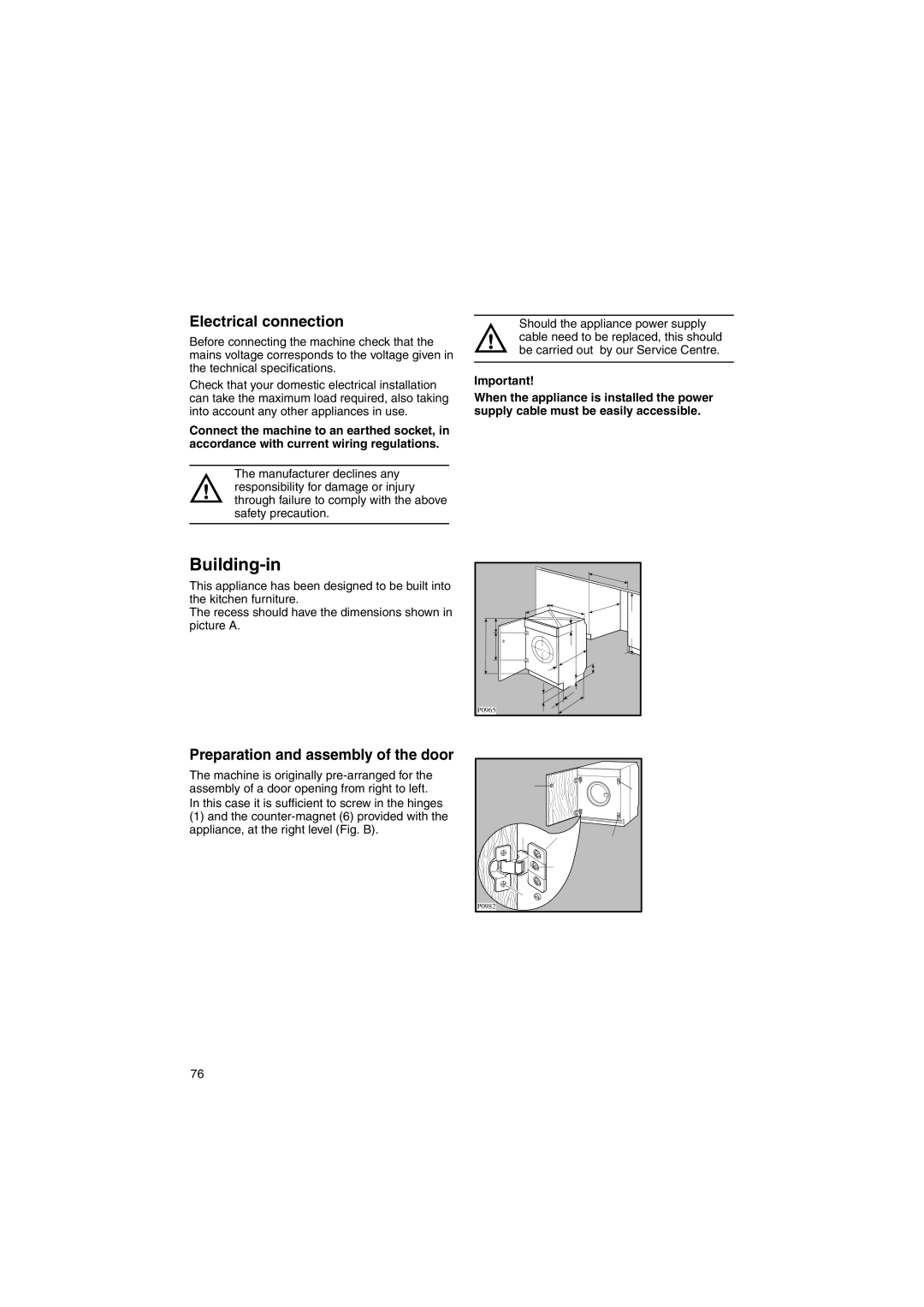 Zanussi WIJ1075 manual Building-in, Electrical connection 