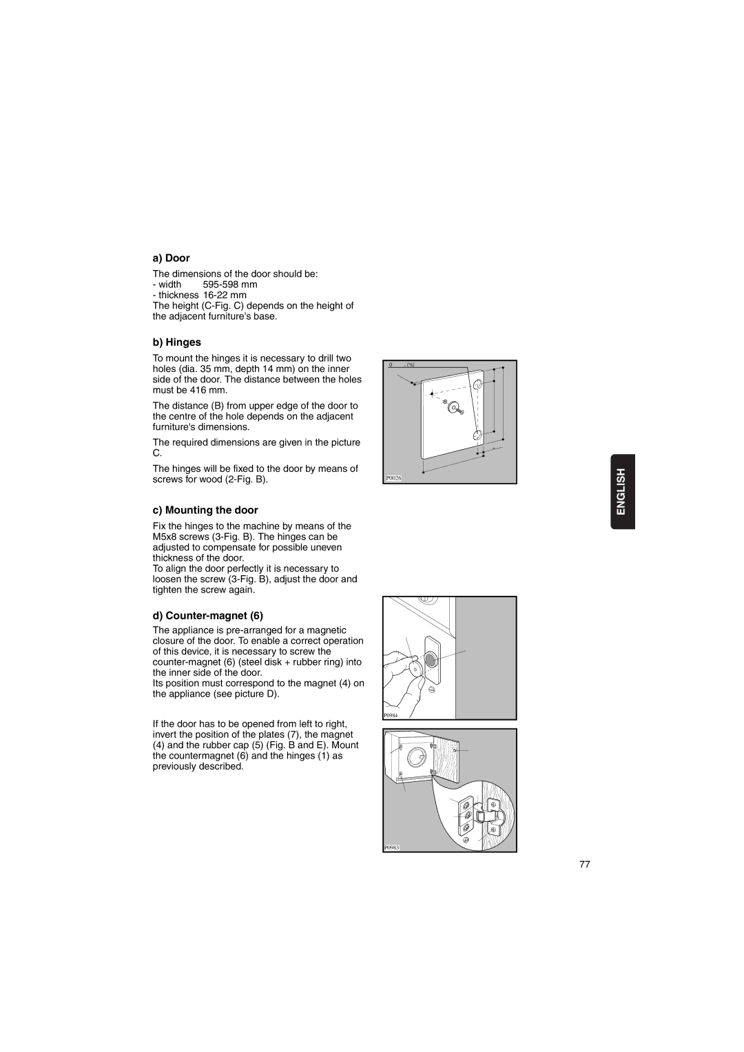 Zanussi WIJ1075 manual Door, Hinges, Mounting the door, Counter-magnet 