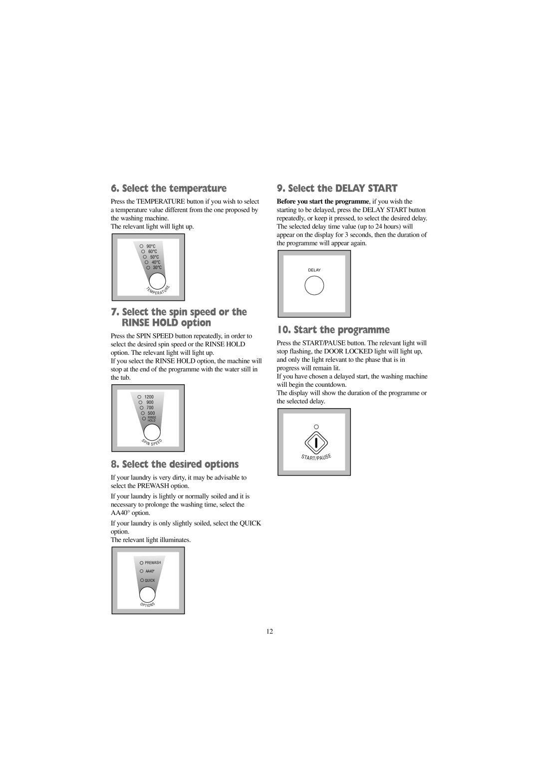 Zanussi WJD 1457 W manual Select the temperature, Select the desired options, Select the Delay Start, Start the programme 