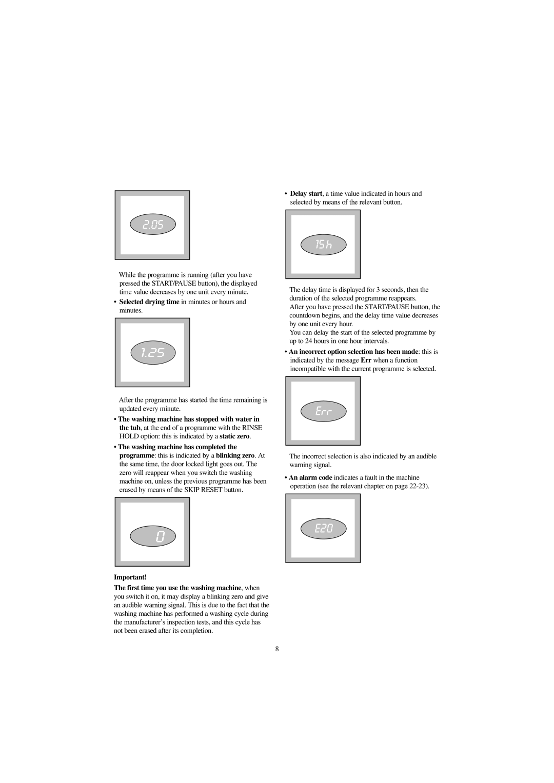 Zanussi WJD 1457 W, WJD 1357 S, WJD 1257 S, WJD 1257 W manual E20, Selected drying time in minutes or hours and minutes 