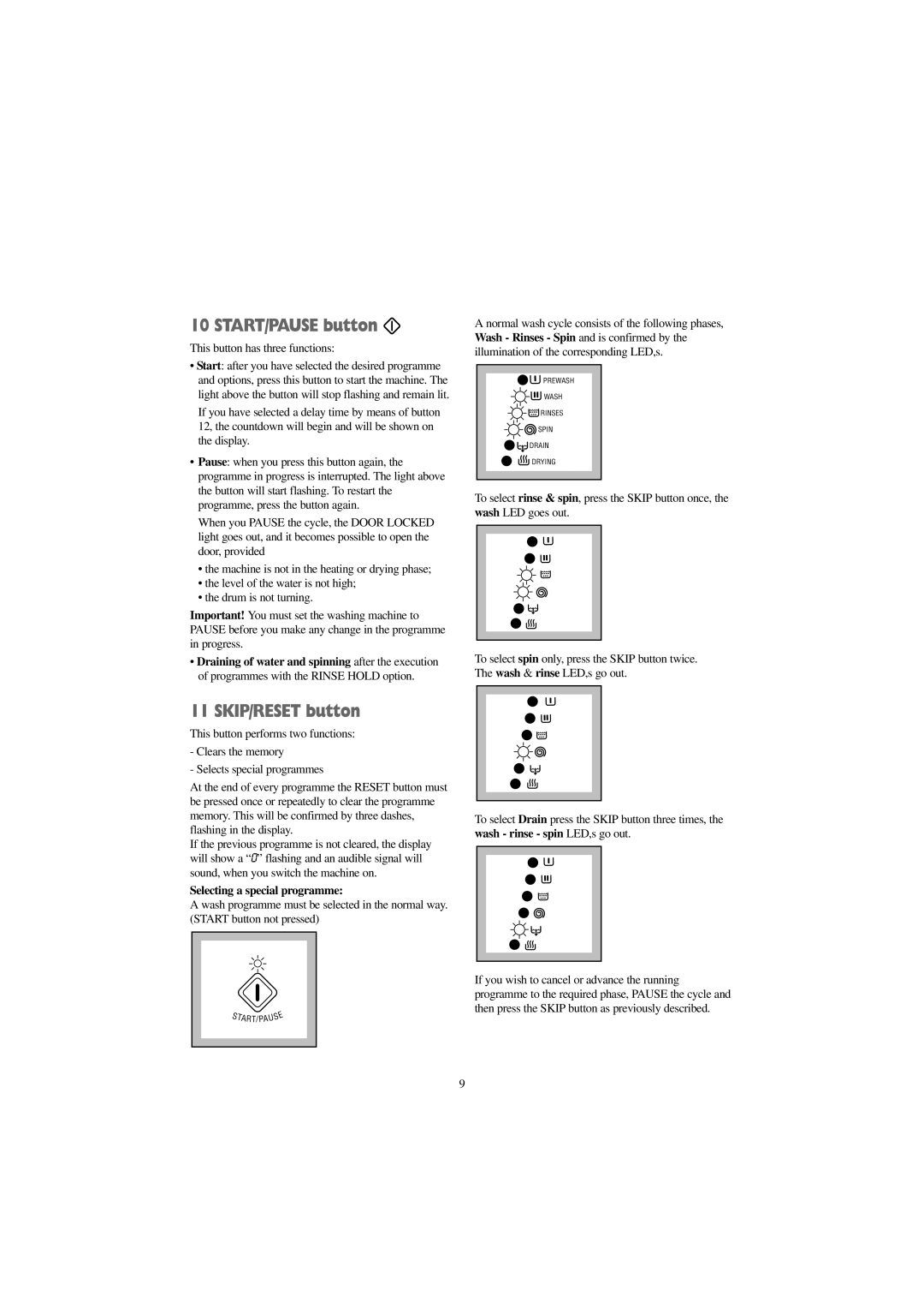 Zanussi WJD 1357 S START/PAUSE button, SKIP/RESET button, This button has three functions, Selecting a special programme 