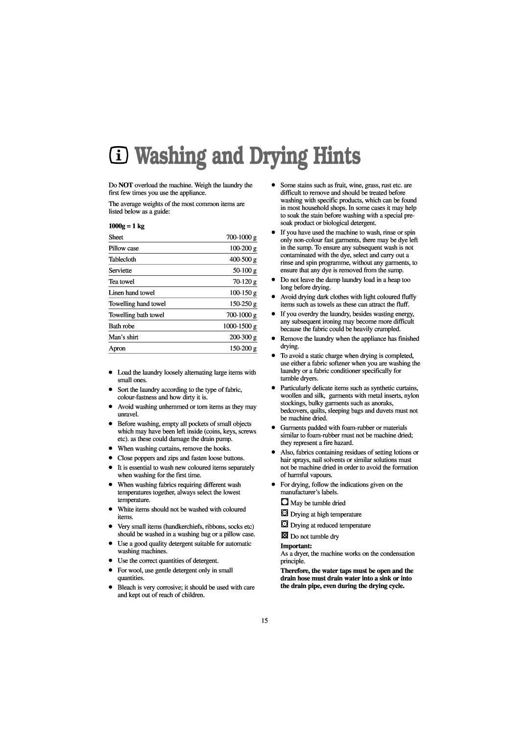 Zanussi WJD 1257 W, WJD 1457 W, WJD 1357 S, WJD 1257 S manual Washing and Drying Hints, 1000g = 1 kg 