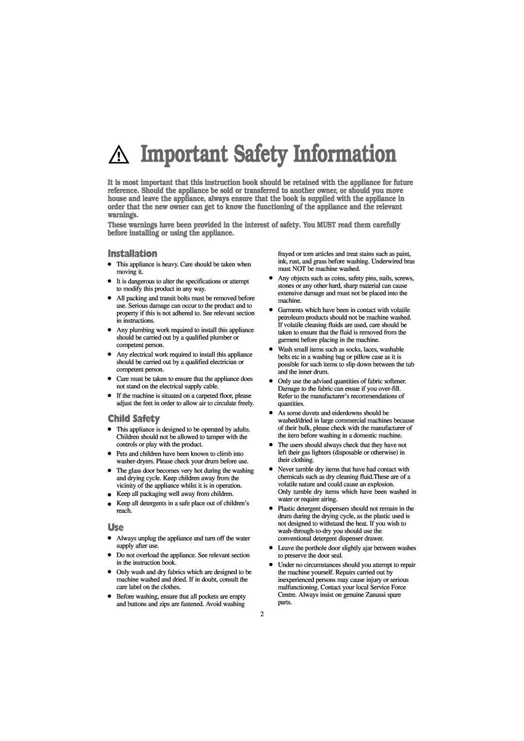 Zanussi WJD 1257 S, WJD 1457 W, WJD 1357 S, WJD 1257 W manual Installation, Child Safety, Important Safety Information 