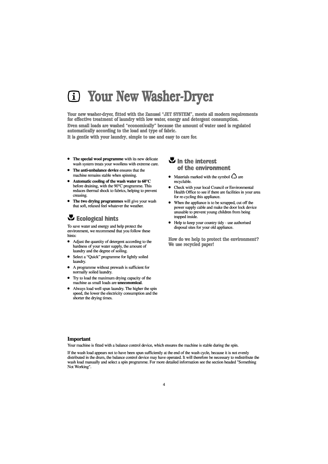 Zanussi WJD 1457 W, WJD 1357 S, WJD 1257 S manual Your New Washer-Dryer, Ecological hints, In the interest of the environment 