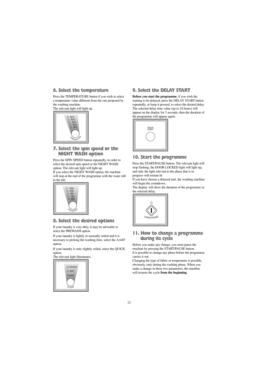 Zanussi WJD 1667 W manual Select the temperature, Select the desired options, Select the Delay Start, Start the programme 