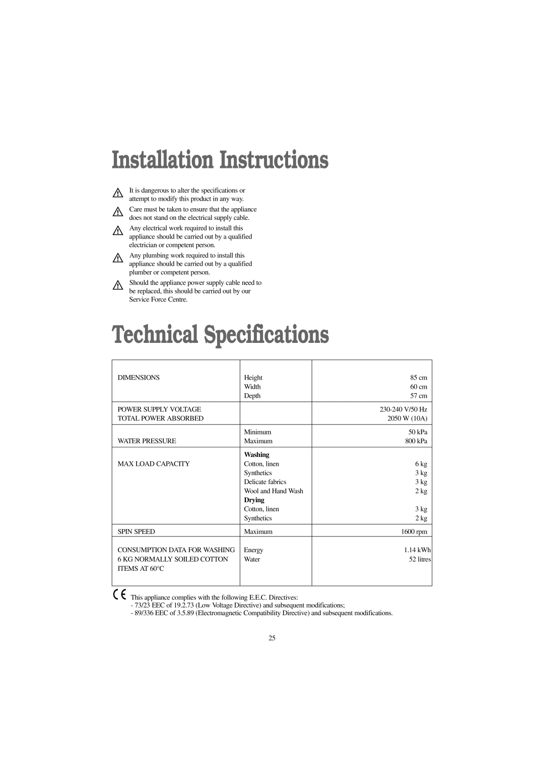 Zanussi WJD 1667 W manual Installation Instructions, Technical Specifications, Drying 