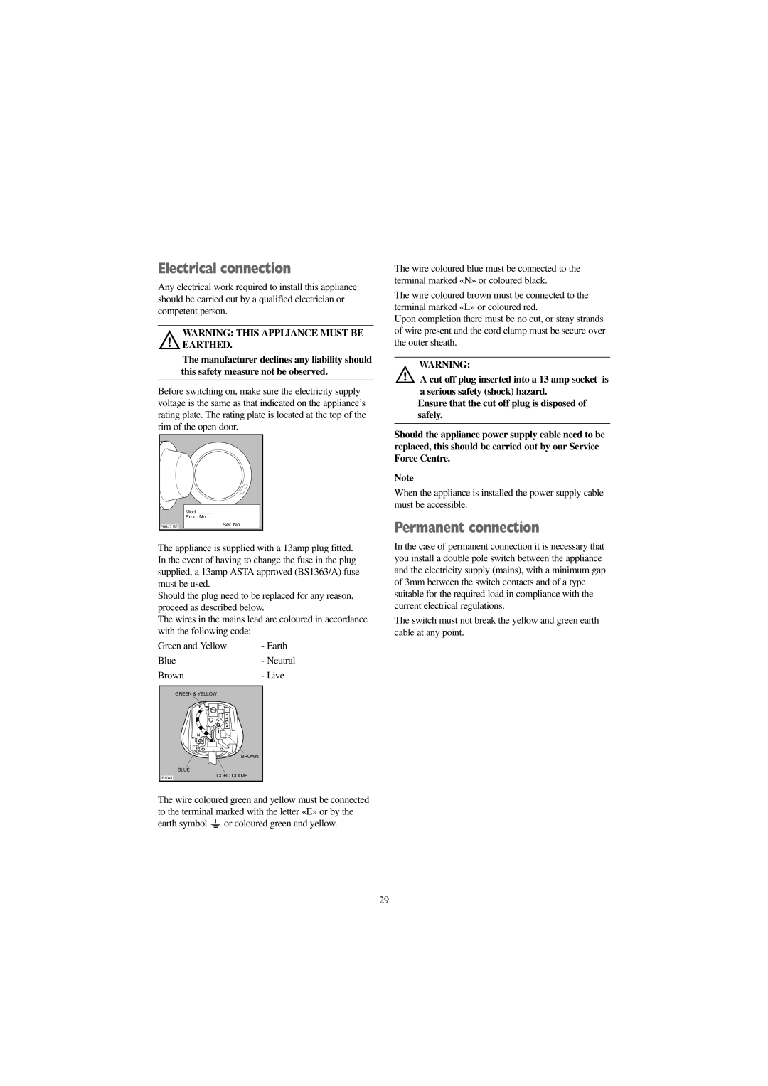 Zanussi WJD 1667 W manual Electrical connection, Permanent connection, Blue- Neutral Brown- Live 