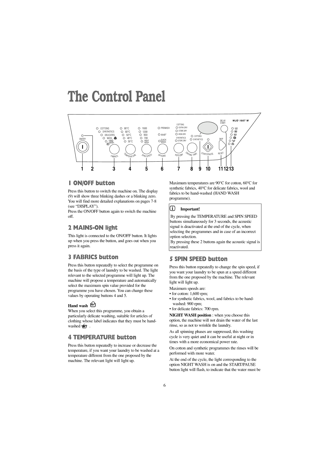 Zanussi WJD 1667 W manual Control Panel 