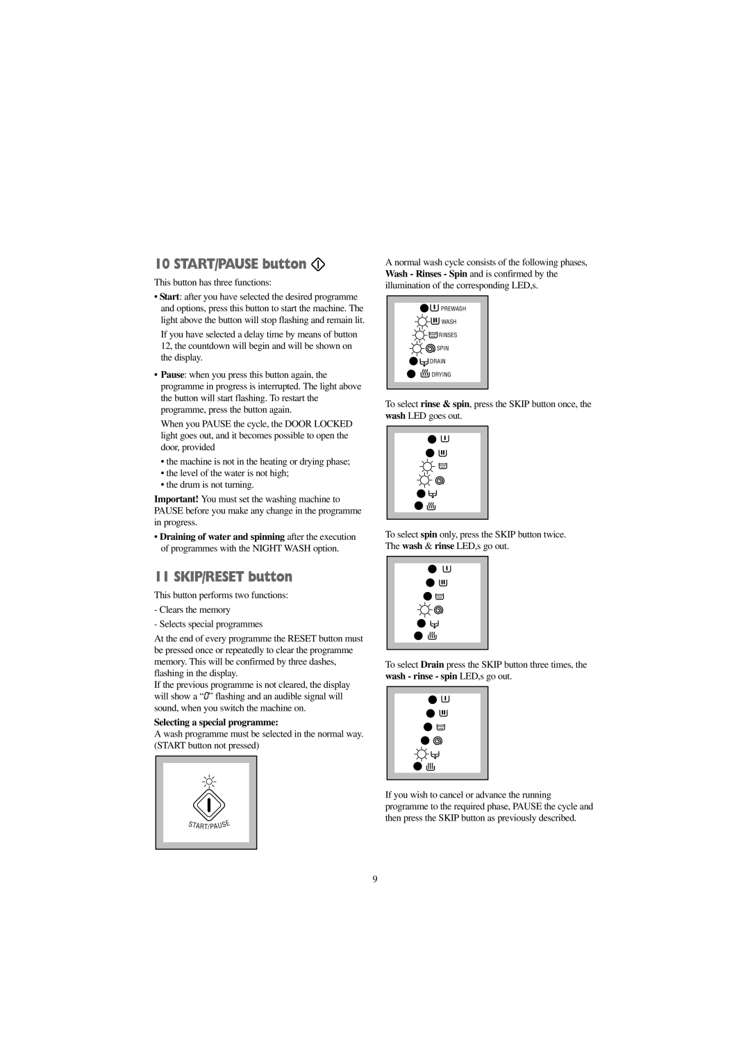 Zanussi WJD 1667 W START/PAUSE button, SKIP/RESET button, This button has three functions, Selecting a special programme 