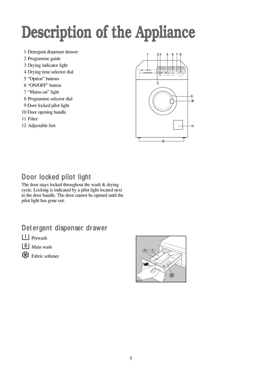 Zanussi WJS 1197 W manual Description of the Appliance, Door locked pilot light, Detergent dispenser drawer 