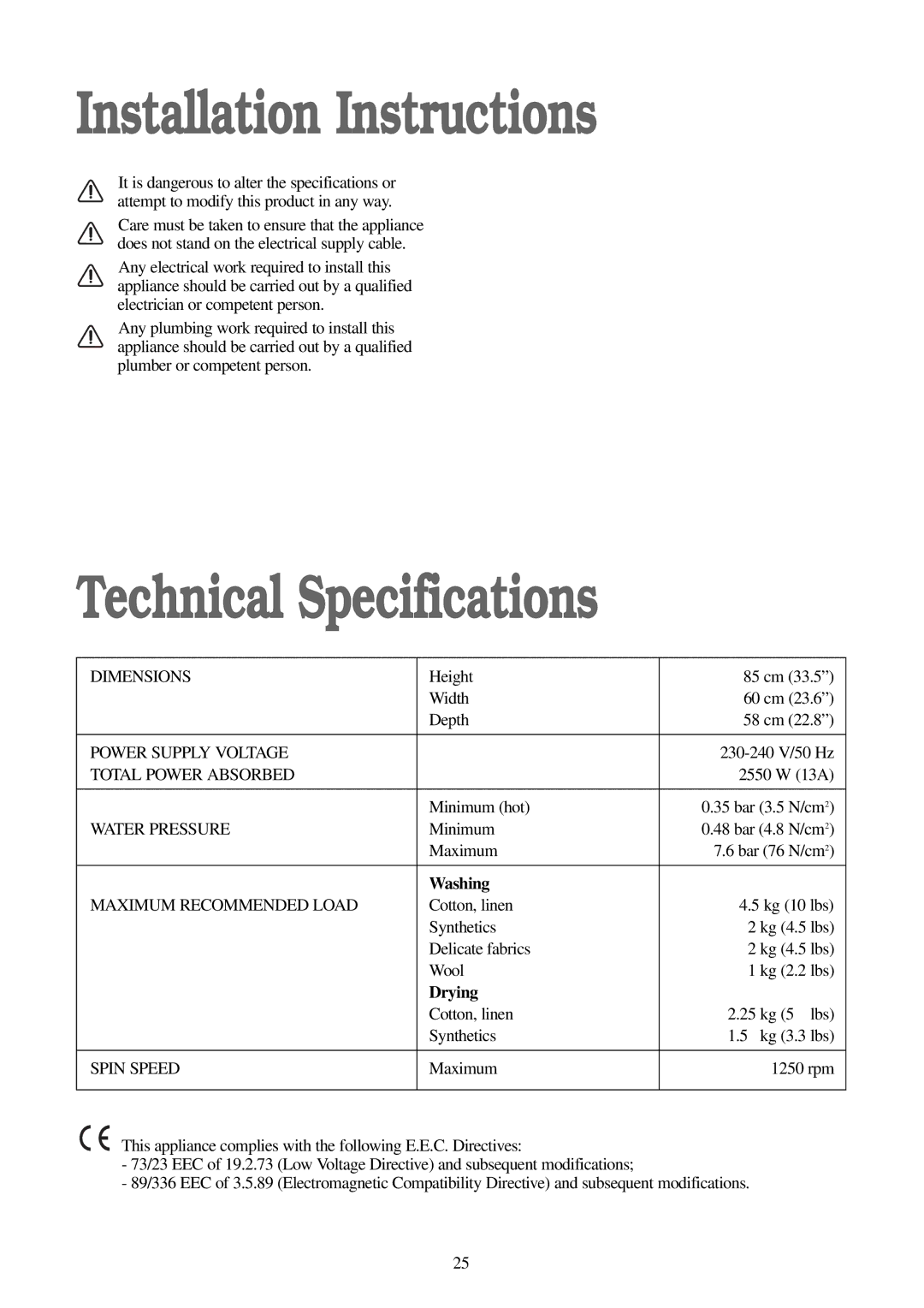 Zanussi WJS 1397 W manual Installation Instructions, Technical Specifications, Washing, Drying 