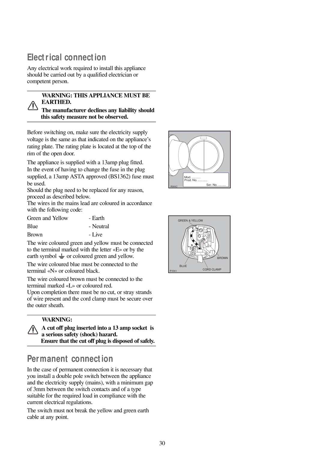 Zanussi WJS 1397 W manual Electrical connection, Permanent connection, Blue- Neutral Brown- Live 