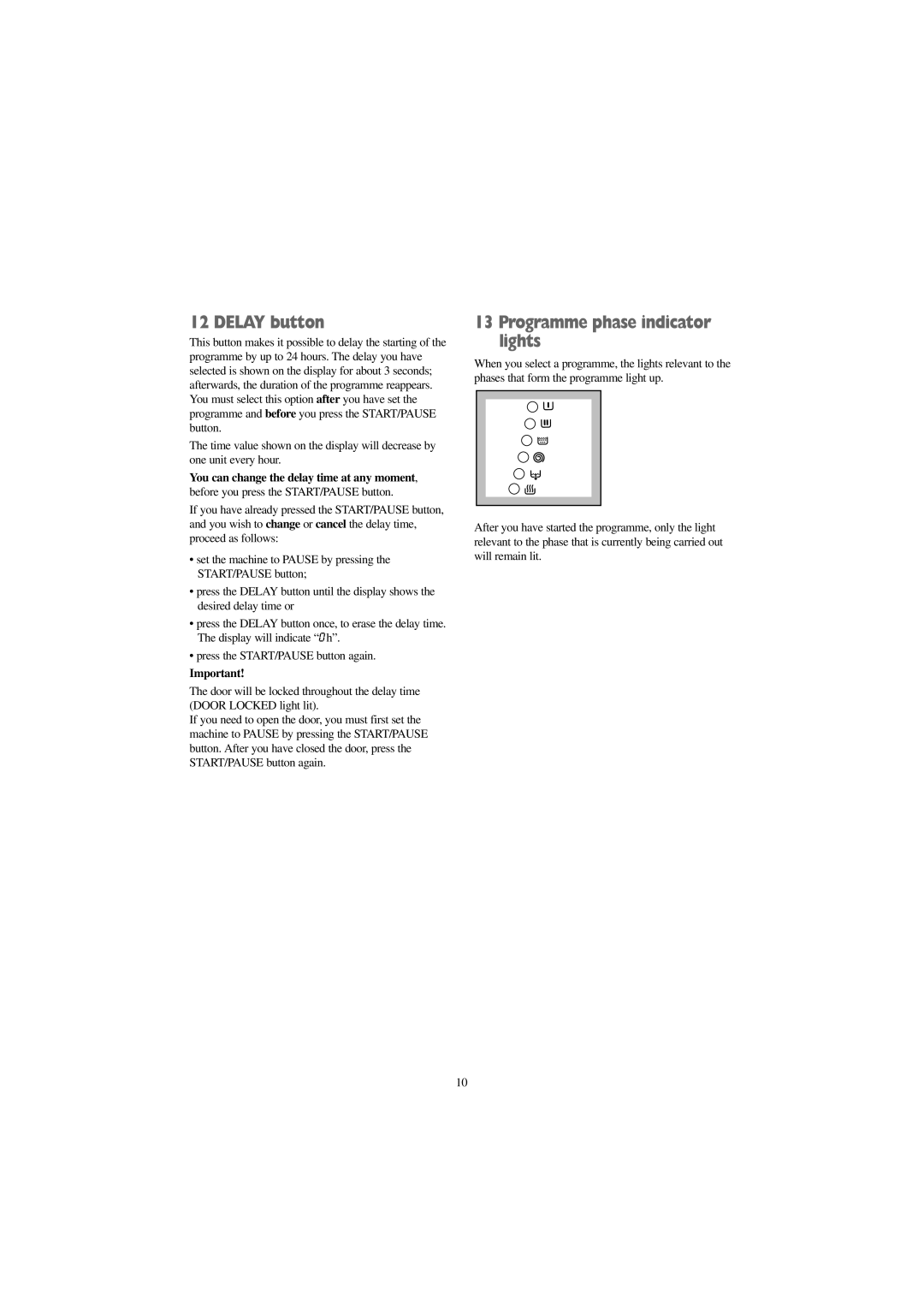 Zanussi WJS 1665 W, WJS 1465 W, WJS 1265 W manual Delay button, Programme phase indicator lights 