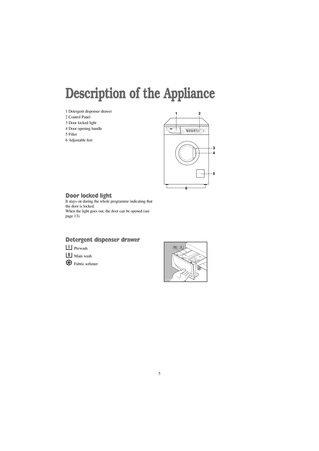 Zanussi WJS 1265 W, WJS 1465 W, WJS 1665 W manual Description of the Appliance, Door locked light, Detergent dispenser drawer 