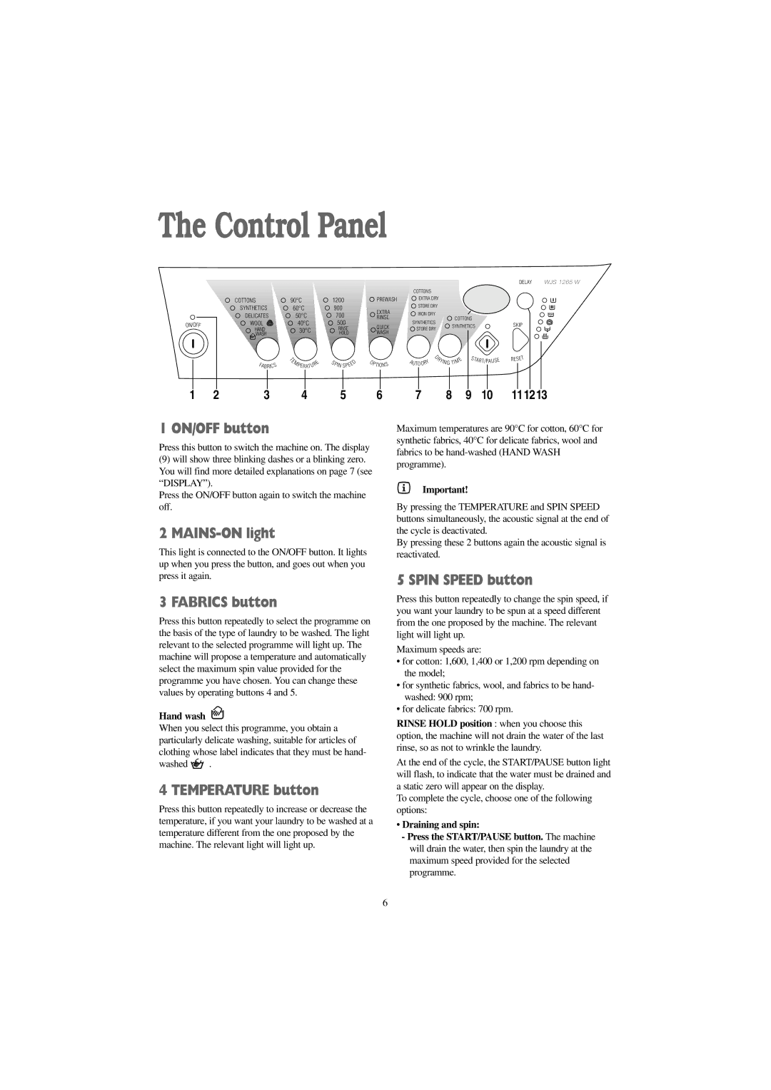 Zanussi WJS 1465 W, WJS 1665 W, WJS 1265 W manual Control Panel 