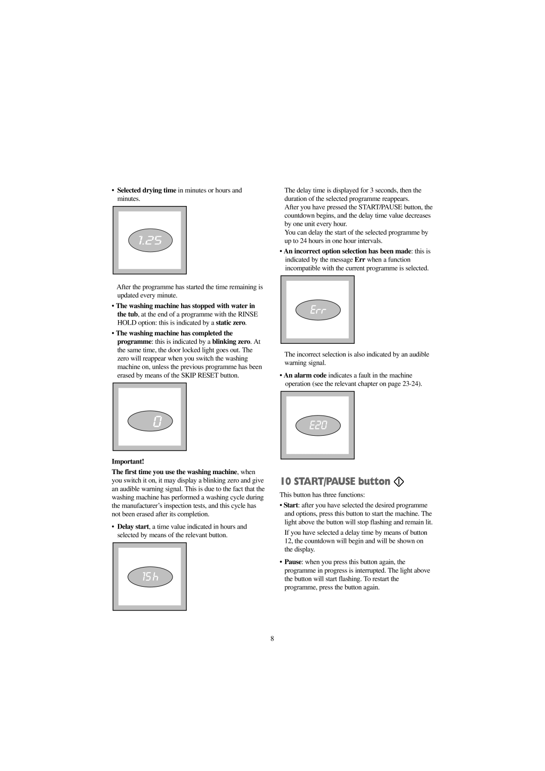 Zanussi WJS 1265 W, WJS 1465 W, WJS 1665 W manual START/PAUSE button, Selected drying time in minutes or hours and minutes 