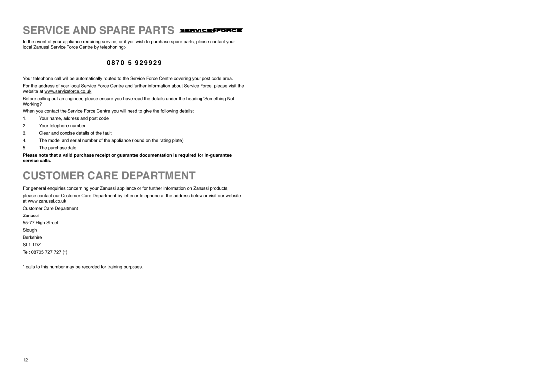 Zanussi Z 22/5 SA manual Service and Spare Parts, Customer Care Department, 7 0 5 9 2 9 9 2 