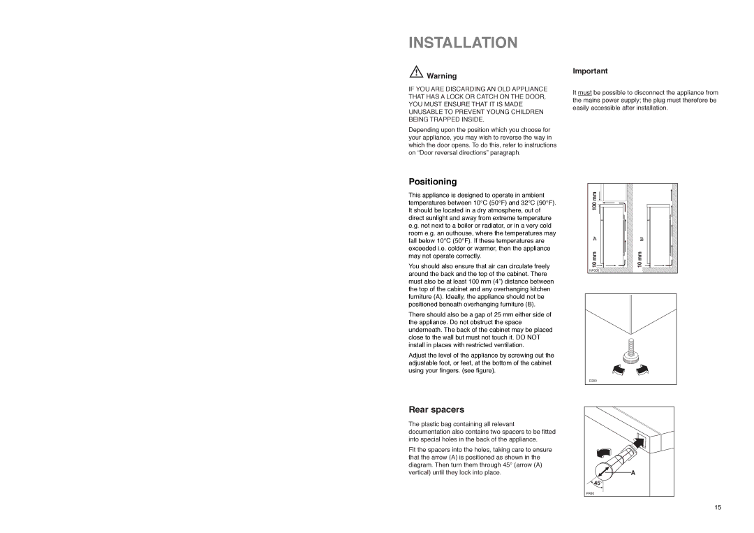 Zanussi Z 22/5 SA manual Installation, Positioning, Rear spacers 