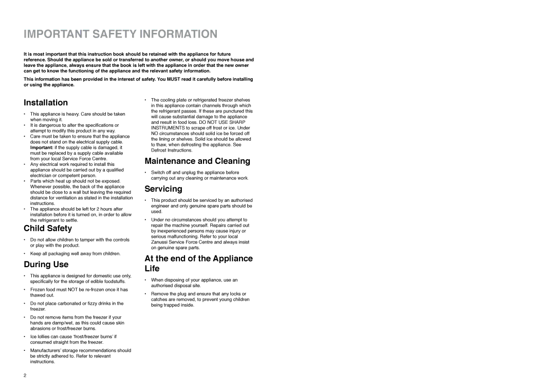 Zanussi Z 22/5 SA manual Important Safety Information, Installation 