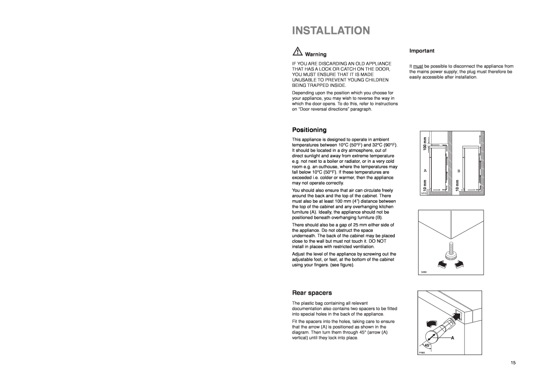 Zanussi Z 22/5 SA manual Installation, Positioning, Rear spacers 