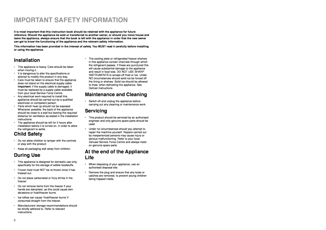 Zanussi Z 22/5 SA manual Important Safety Information, Installation, Child Safety, During Use, Maintenance and Cleaning 