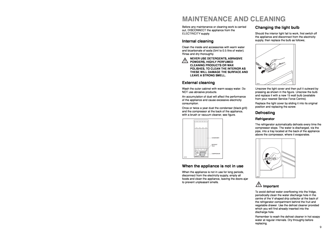 Zanussi Z 22/5 SA Maintenance And Cleaning, Internal cleaning, External cleaning, Changing the light bulb, Defrosting 