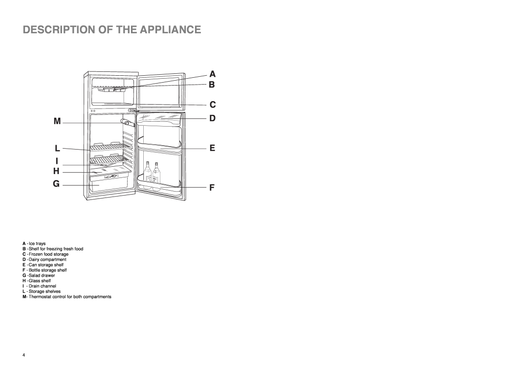 Zanussi Z 22/5 W manual Description Of The Appliance, M L I H G, A B C D E F 