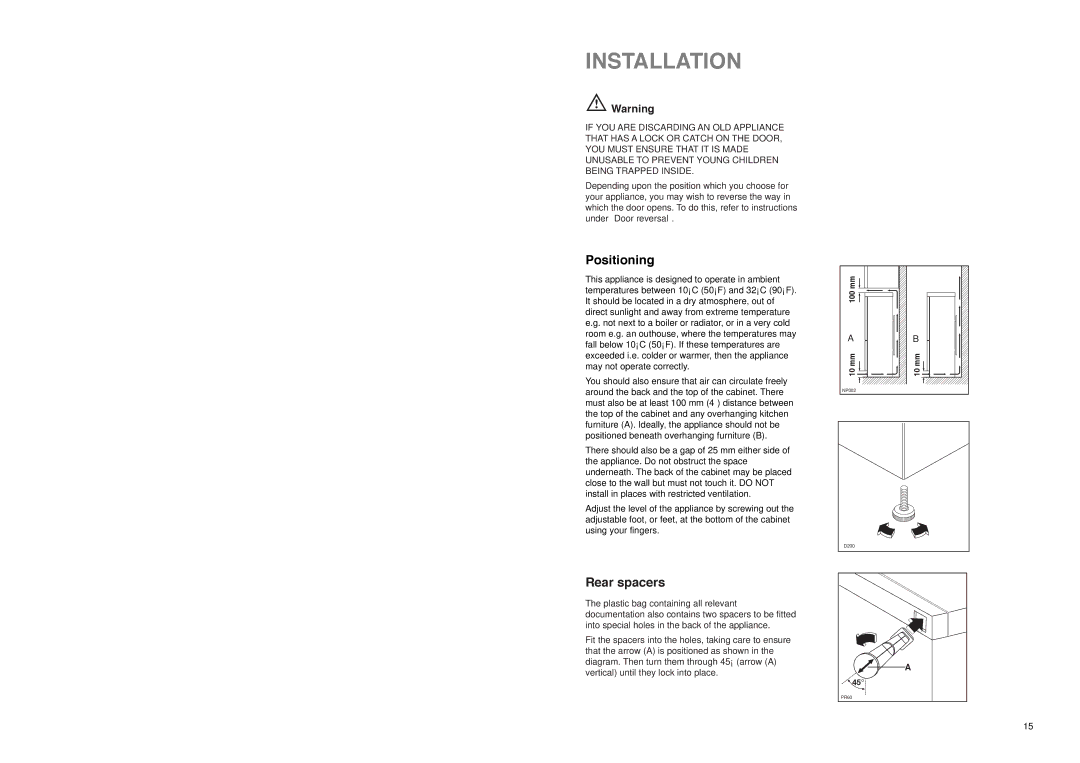 Zanussi Z 25/4 W manual Installation, Positioning, Rear spacers 