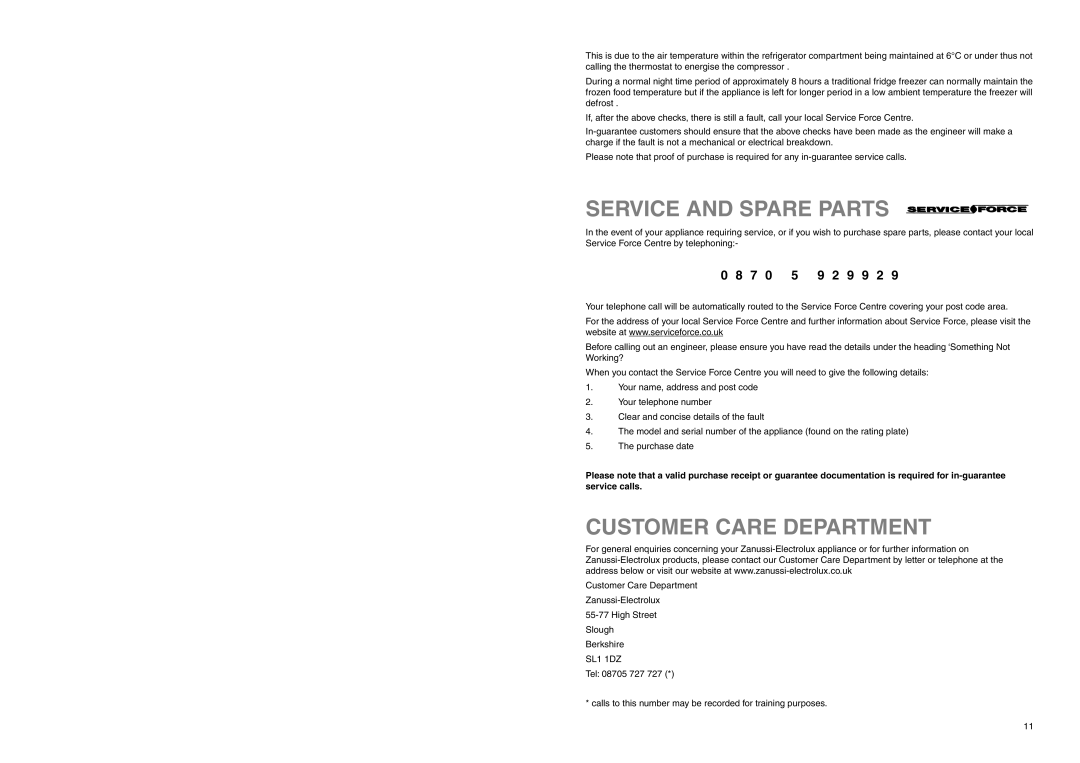 Zanussi Z 32/5 SI manual Service and Spare Parts, Customer Care Department, 9 9 2 