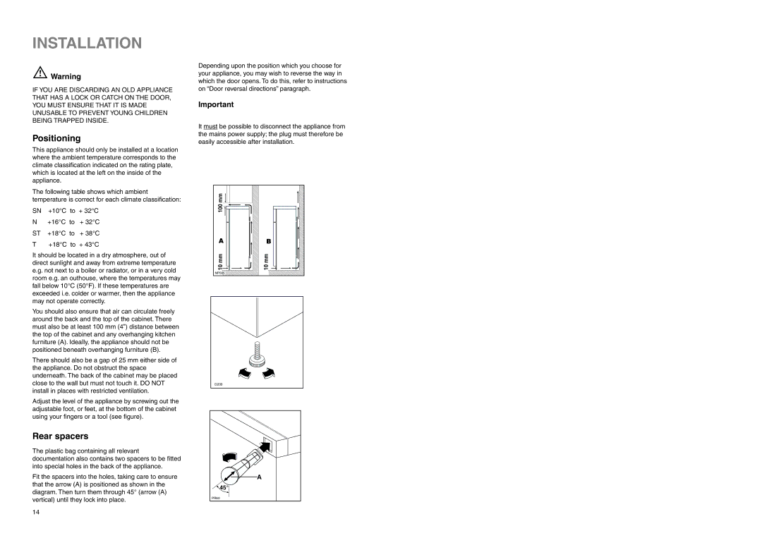 Zanussi Z 32/5 SI manual Installation, Positioning, Rear spacers 