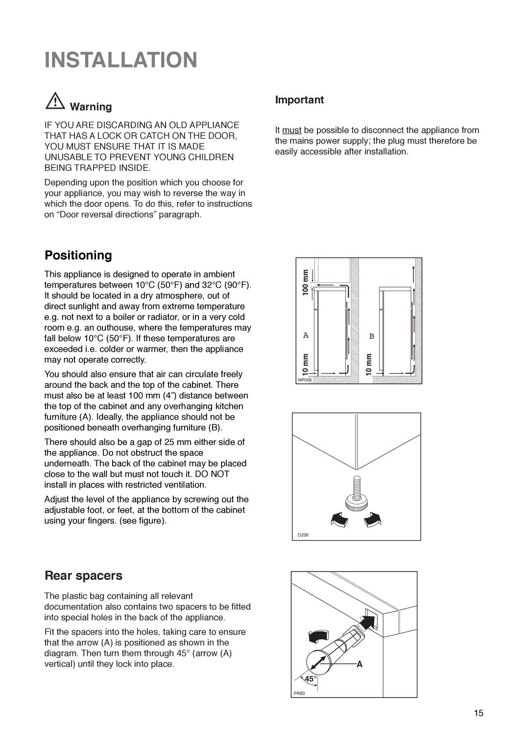 Zanussi Z 32/5 W manual Installation, Positioning, Rear spacers 