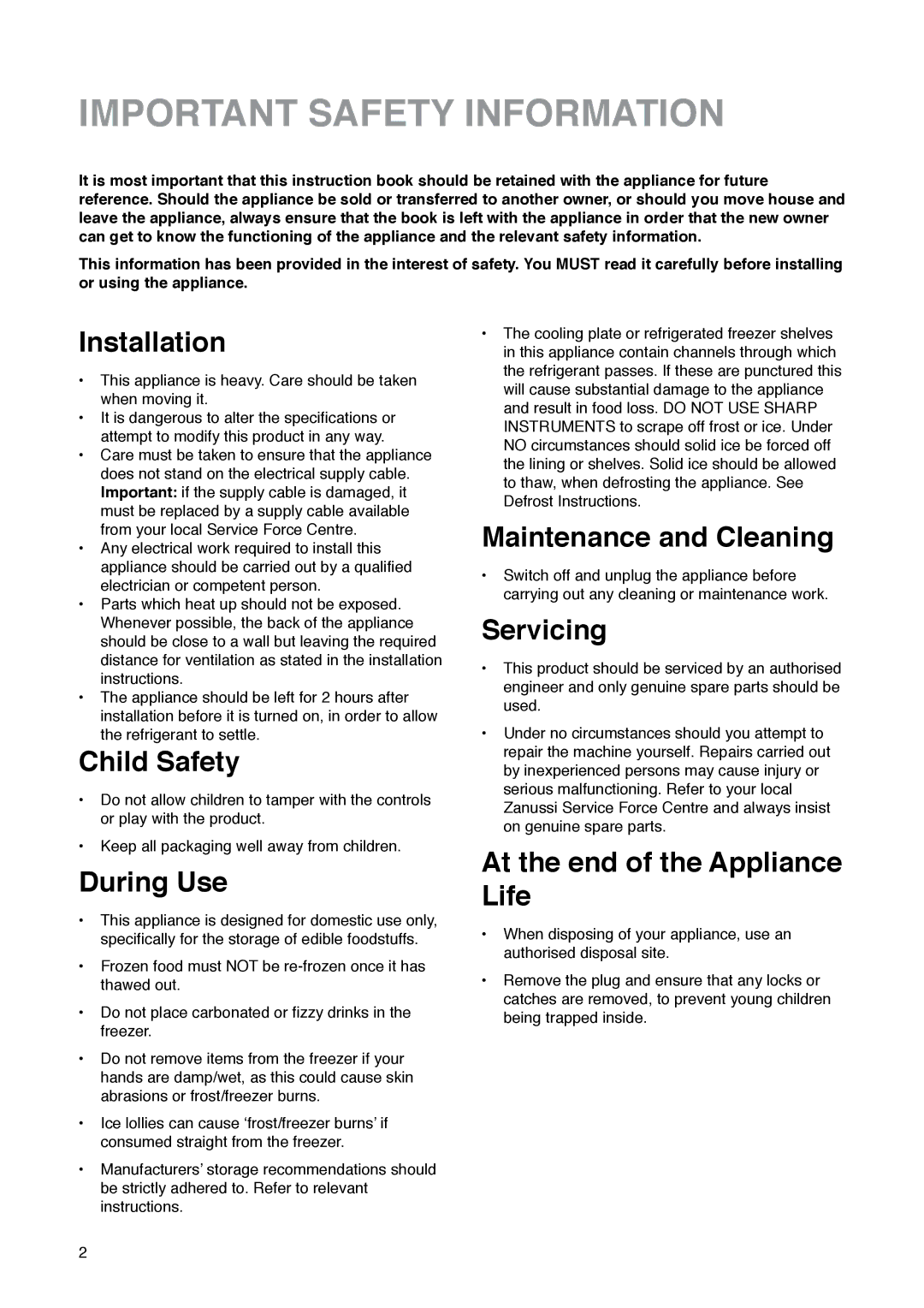 Zanussi Z 32/5 W manual Important Safety Information, Installation 