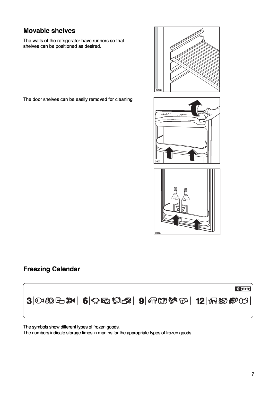 Zanussi Z 32/5 W manual Movable shelves, Freezing Calendar, D040, D307, D058 