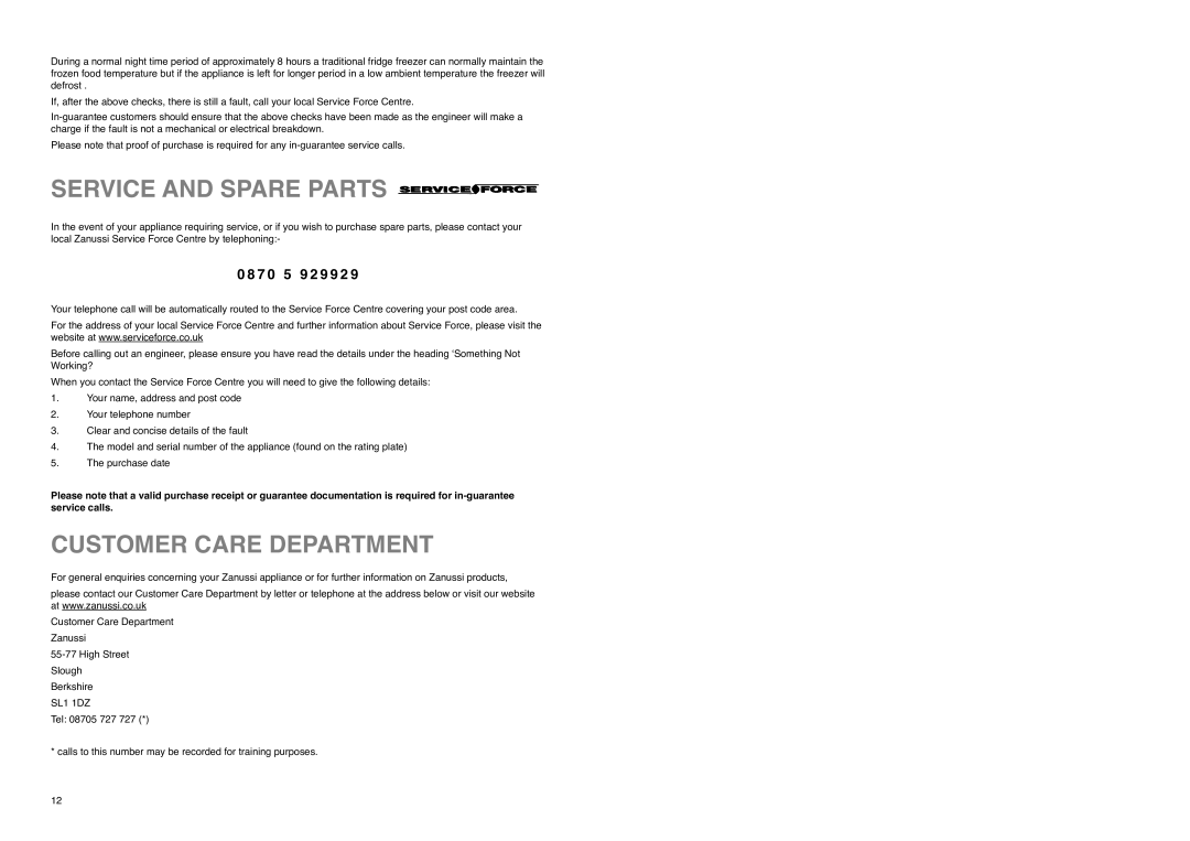 Zanussi Z 35/4 SI, Z 35/4 W manual Service and Spare Parts, Customer Care Department, 7 0 5 9 2 9 9 2 