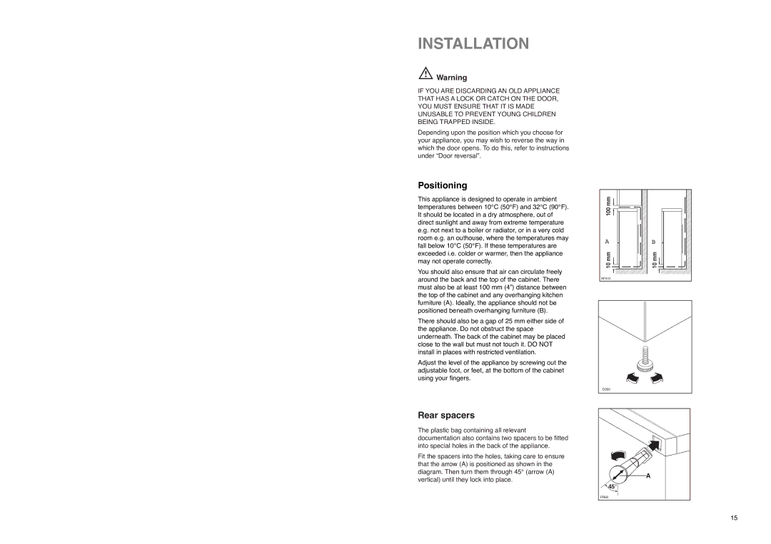 Zanussi Z 35/4 W, Z 35/4 SI manual Installation, Positioning, Rear spacers 