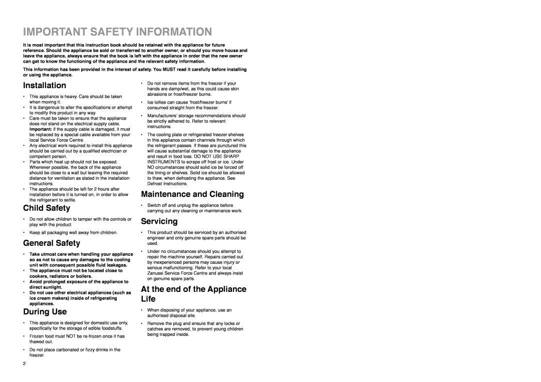Zanussi Z 35/4 SI manual Important Safety Information, Installation, Child Safety, General Safety, During Use, Servicing 