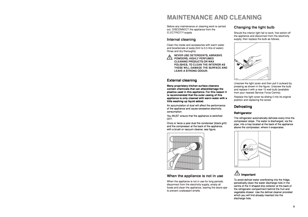 Zanussi Z 35/4 W manual Maintenance And Cleaning, Internal cleaning, External cleaning, When the appliance is not in use 