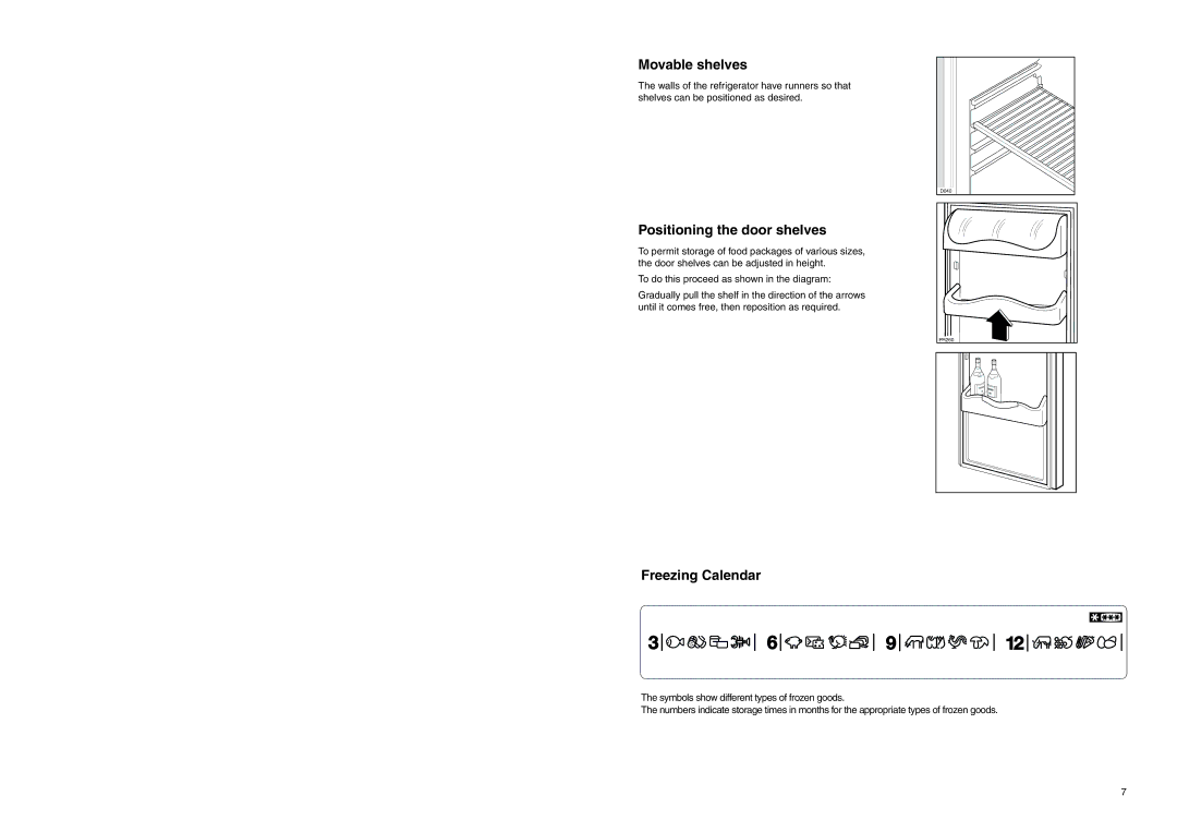 Zanussi Z 52/6 W manual Movable shelves, Positioning the door shelves, Freezing Calendar 