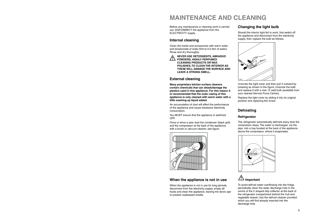 Zanussi Z 52/6 W manual Maintenance and Cleaning, Internal cleaning, External cleaning, Defrosting 