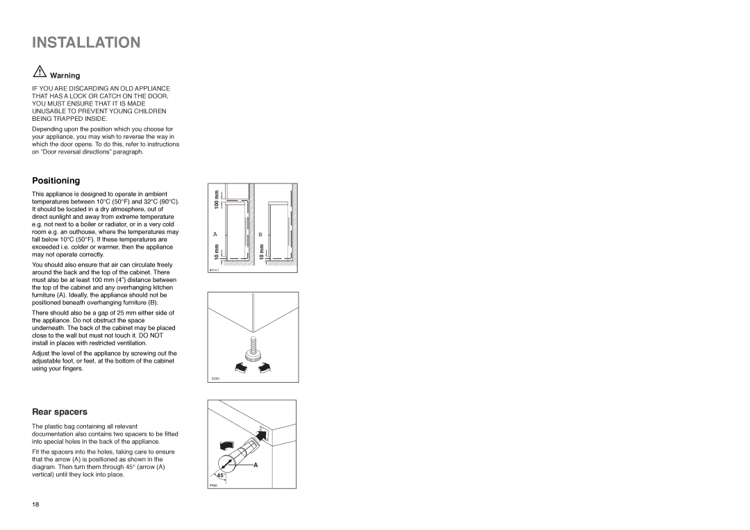 Zanussi Z 56/3 SA manual Installation, Positioning, Rear spacers 