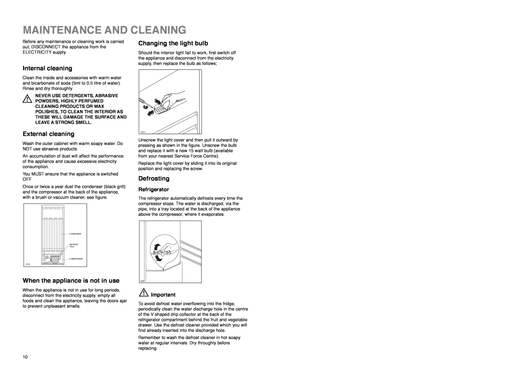 Zanussi Z 56/3 SA manual Maintenance And Cleaning, Internal cleaning, External cleaning, When the appliance is not in use 